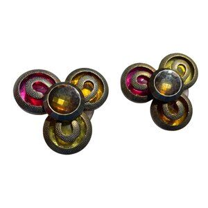 Vintage Tri Color Gem Stone Clip On Earrings
